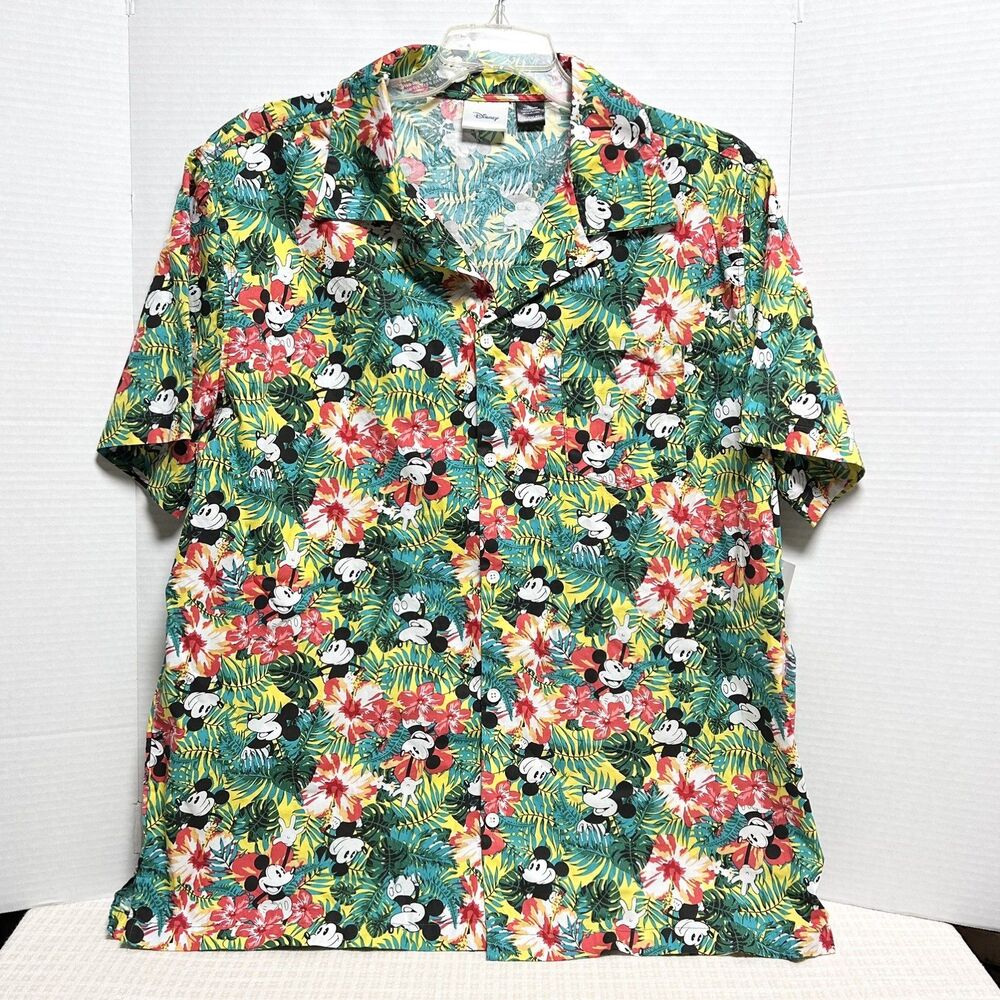 Disney Men's XXL Multicolor Floral Mickey Mouse Hawaiian Button-Up Shirt Loud